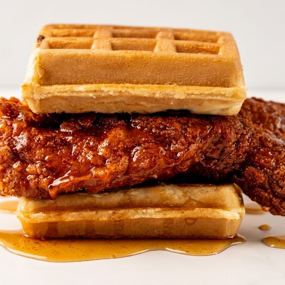 Crispy fried chicken, glazed with hot honey, sandwiched between two golden waffles on a white surface.