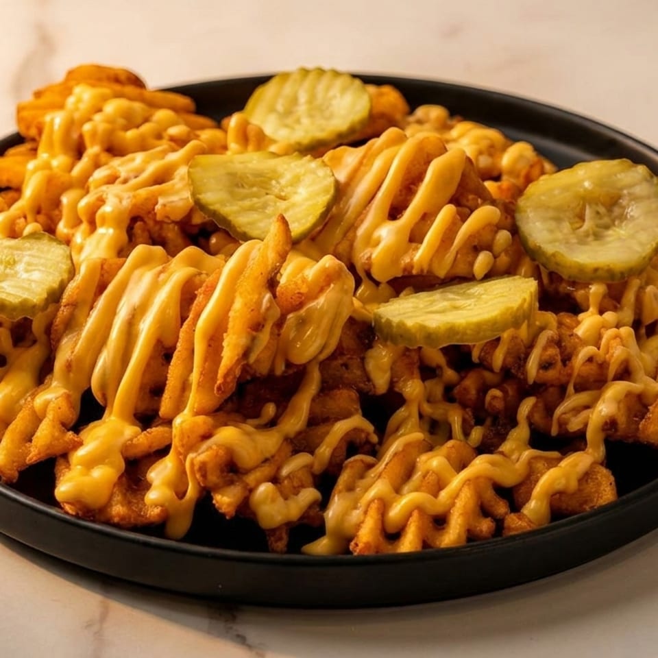 Crispy waffle fries drizzled with melted cheese sauce and topped with pickle slices on a black plate.