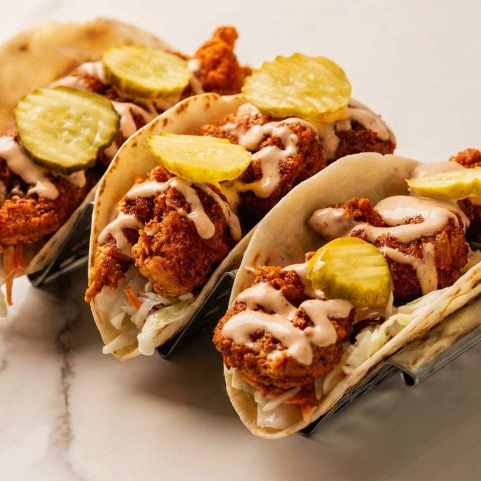 Three crispy chicken tacos with slaw, pickles, and sauce in metal holders on a marble surface.