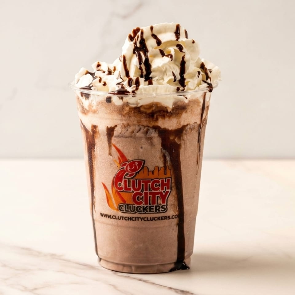 Chocolate milkshake with whipped cream and chocolate drizzle in a Clutch City Cluckers branded cup.