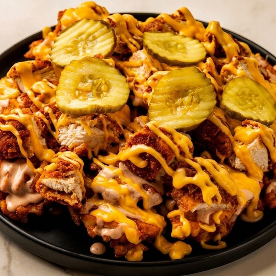 Crispy fried chicken pieces topped with melted cheese, pink sauce, and pickle slices on a black plate.