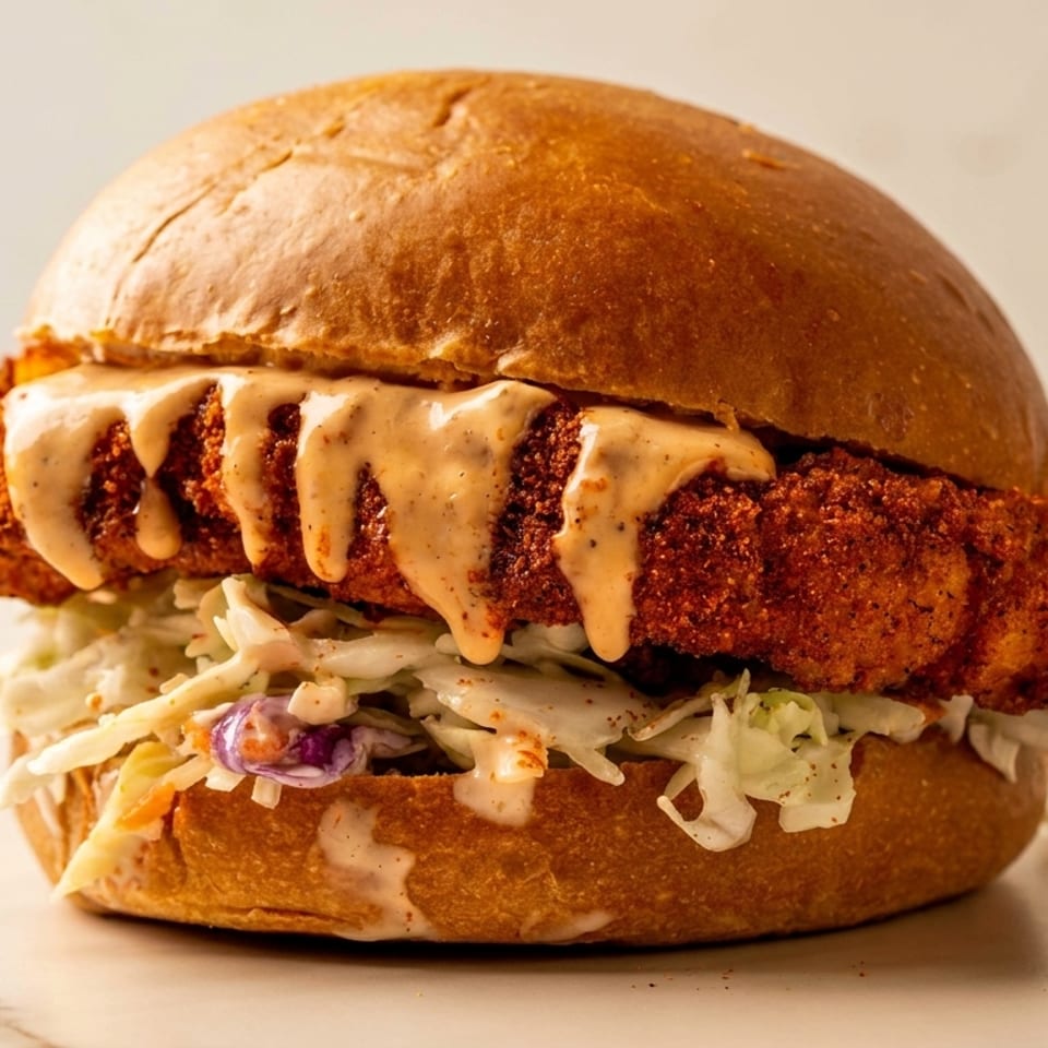 Crispy fried chicken sandwich with coleslaw and creamy sauce on a brioche bun.