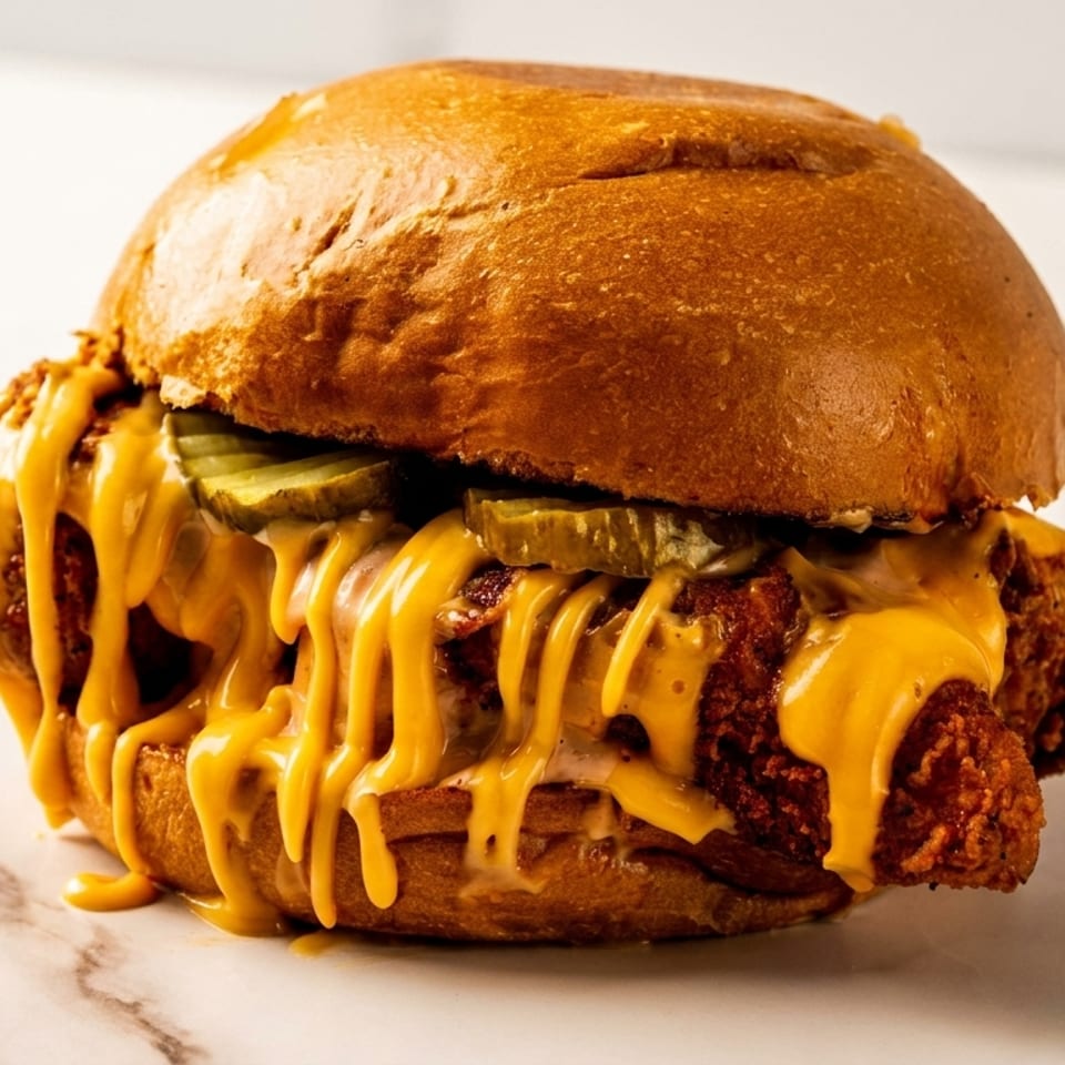 A fried chicken sandwich with melted cheese and pickles on a brioche bun.