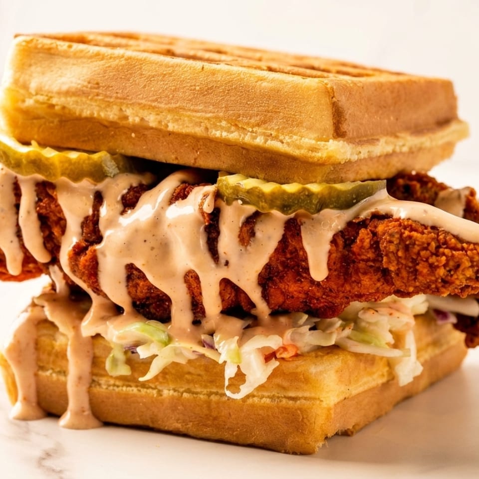 Crispy fried chicken and coleslaw sandwich with pickles and sauce, served between two waffles.