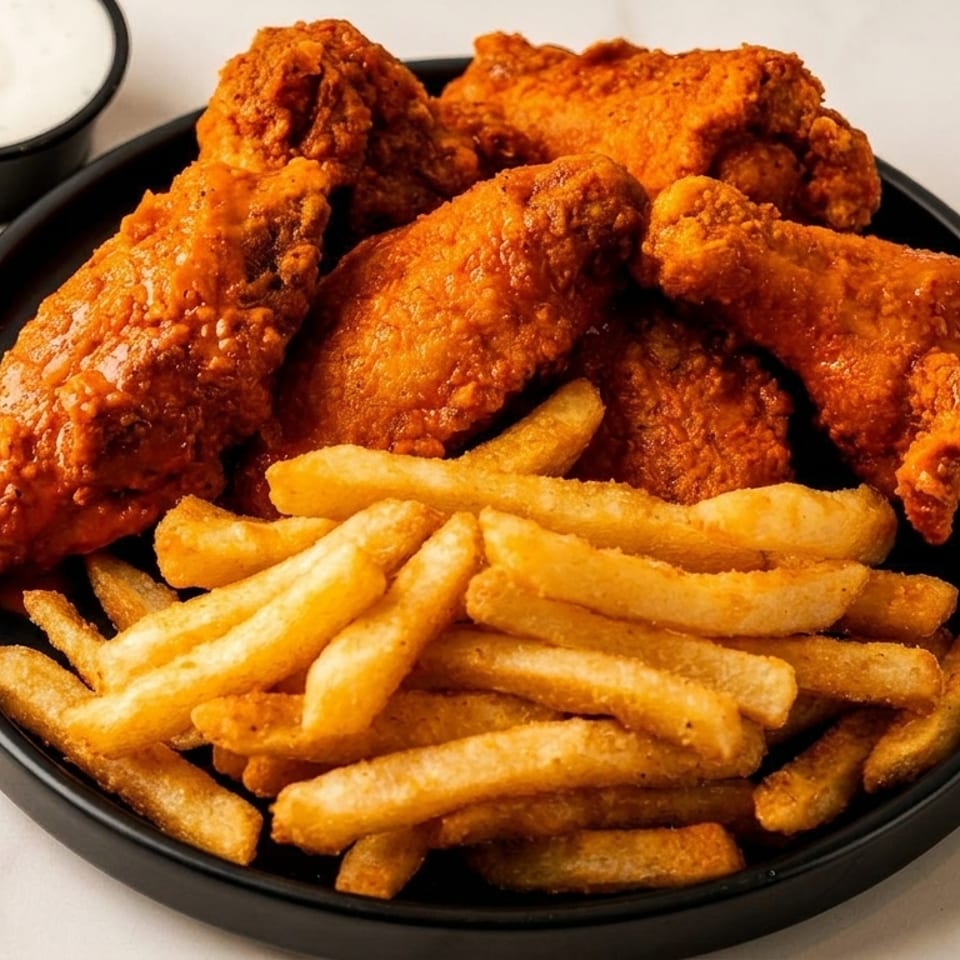 Crispy orange chicken wings and golden french fries on a black plate with a side of ranch.