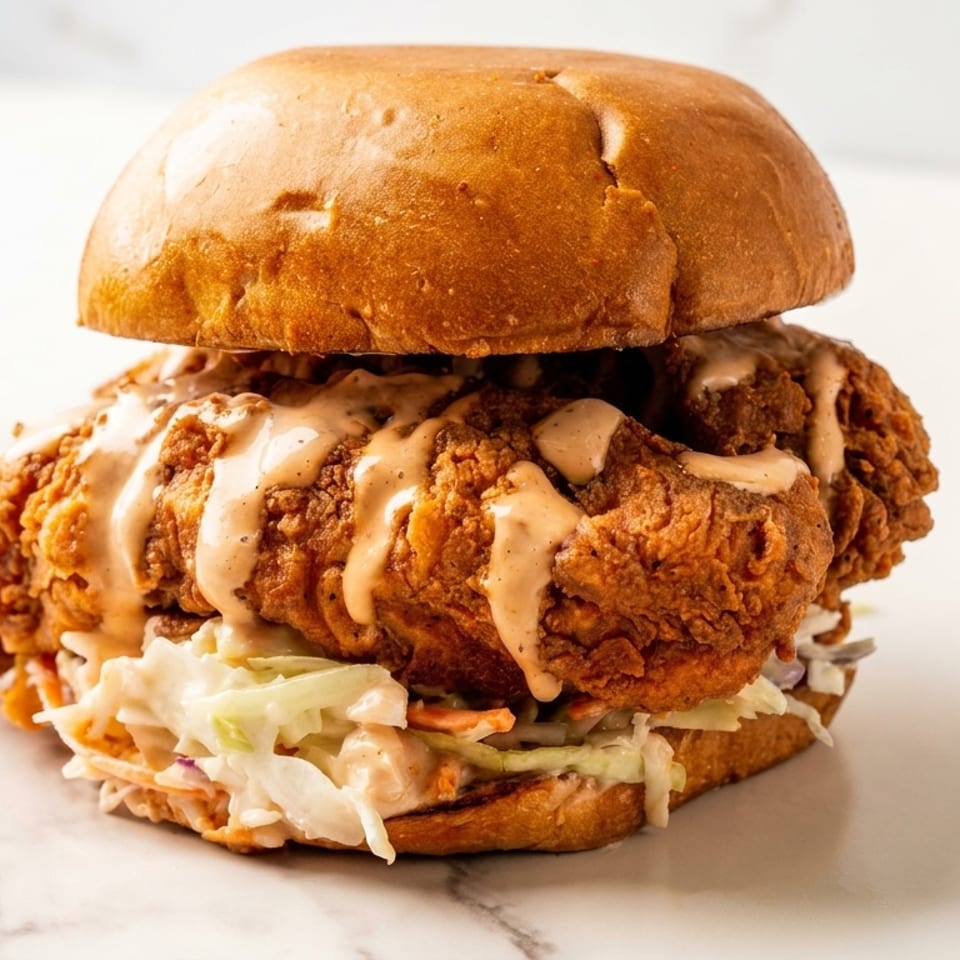 Crispy fried chicken sandwich with coleslaw and a creamy sauce on a brioche bun.