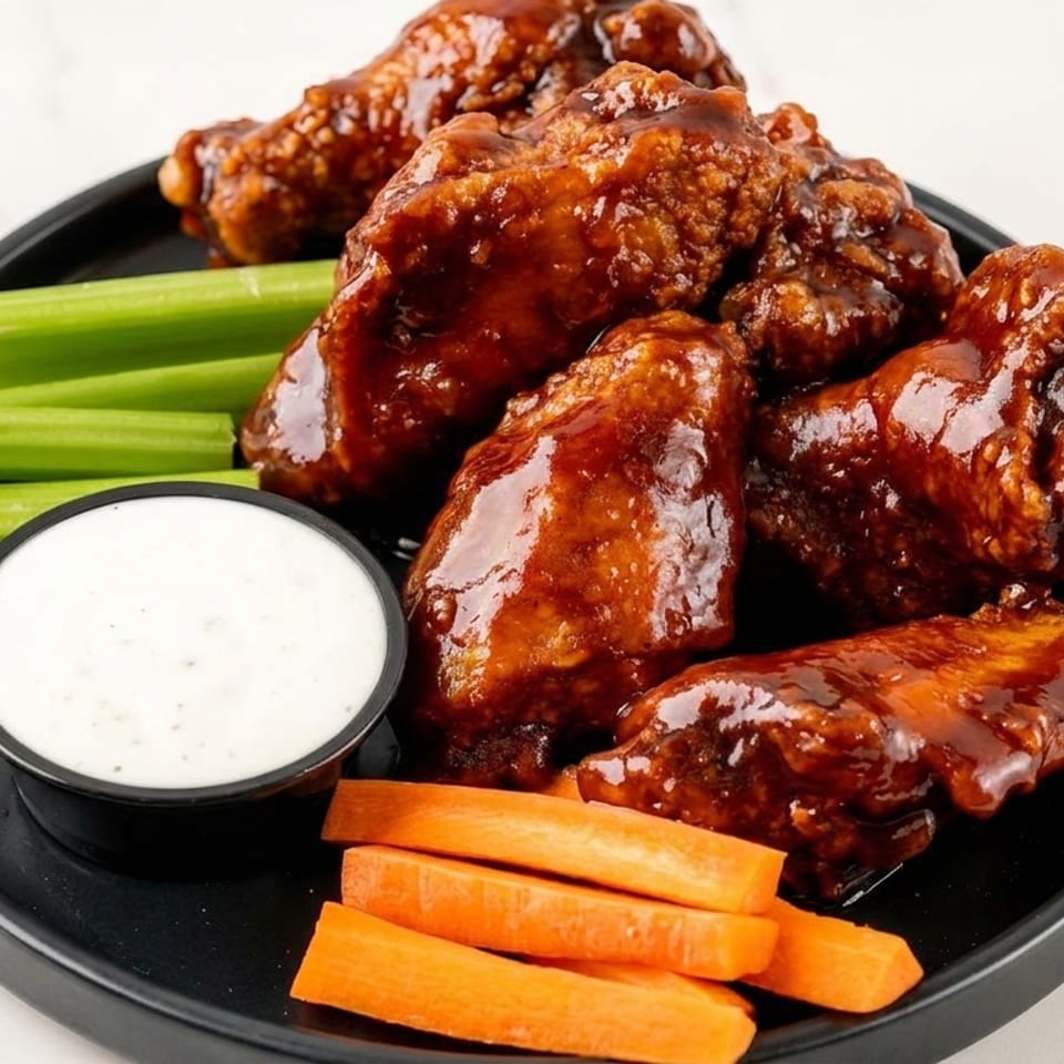 Glazed chicken wings with celery sticks, carrot sticks, and a side of ranch dressing.