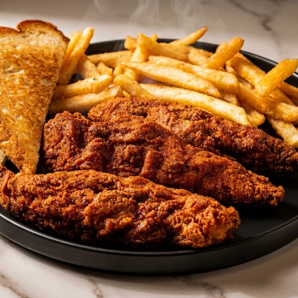 Steaming hot fried chicken tenders, golden fries, and toasted bread on a black plate.