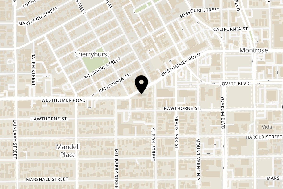 Map showing the location of Clutch City Cluckers Montrose on 1411 Westheimer Rd in Houston